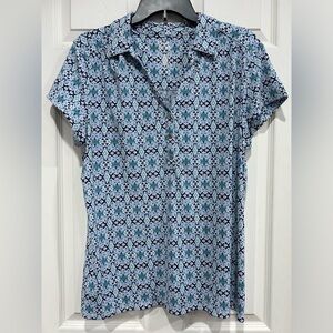 Croft & Barrow Women’s XL Shirred Shoulder Popover Shirt Blouse Blue Pattern